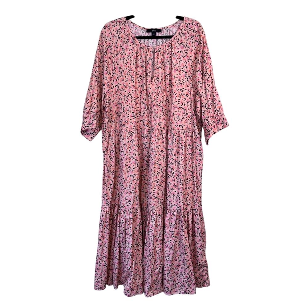 Ellos Pink Ditsy Floral Tiered Midi Dress Womens 18/20 Cottage Prairie Casual